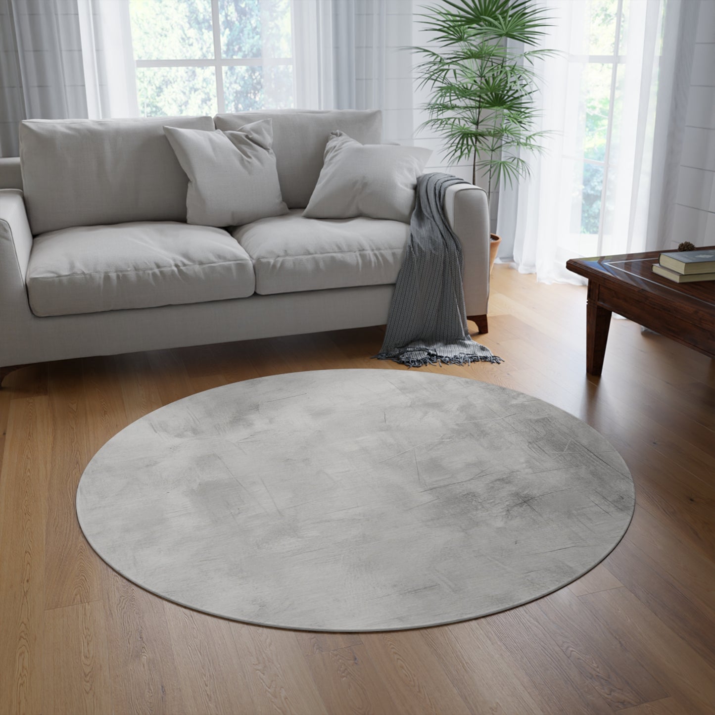 Modern round Printify soft area rug ideal for living rooms or bedrooms, featuring stylish design and plush texture.