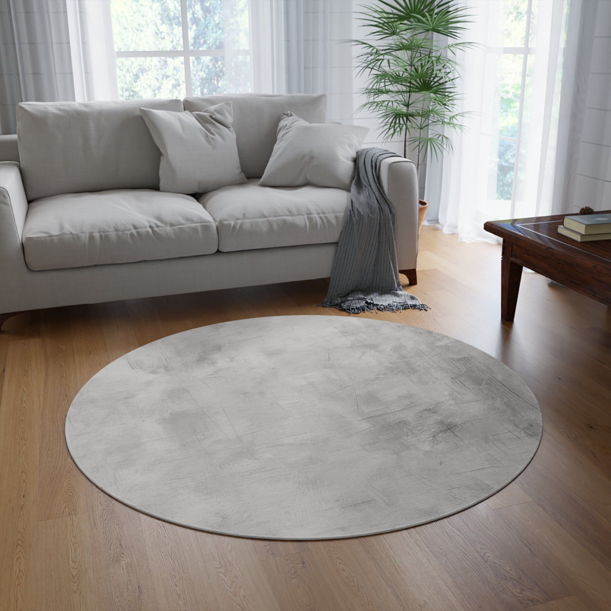 Modern round Printify soft area rug ideal for living rooms or bedrooms, featuring stylish design and plush texture.