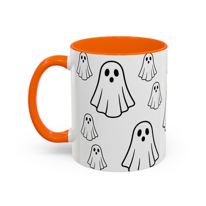 Printify ghost pattern ceramic coffee mug with Halloween-themed design, 11oz, perfect for festive drinks and cozy mornings.