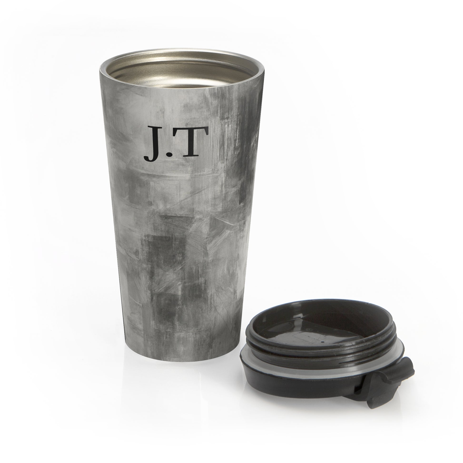 Gray marble travel mug with personalized monogram initials, stainless steel tumbler for on-the-go drinks.