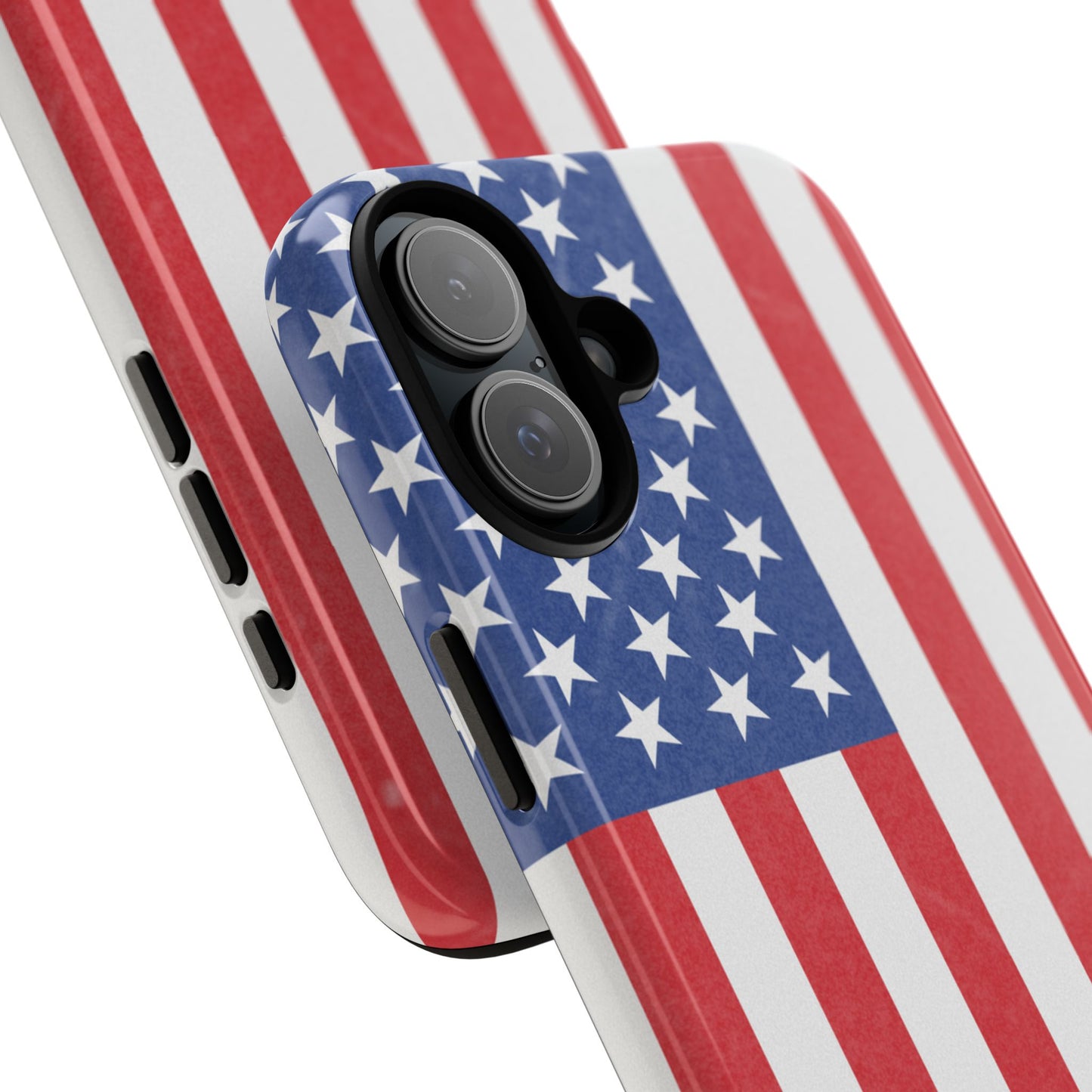 American flag tough phone case for iPhone and Samsung, patriotic protective cover with bold flag design by Printify