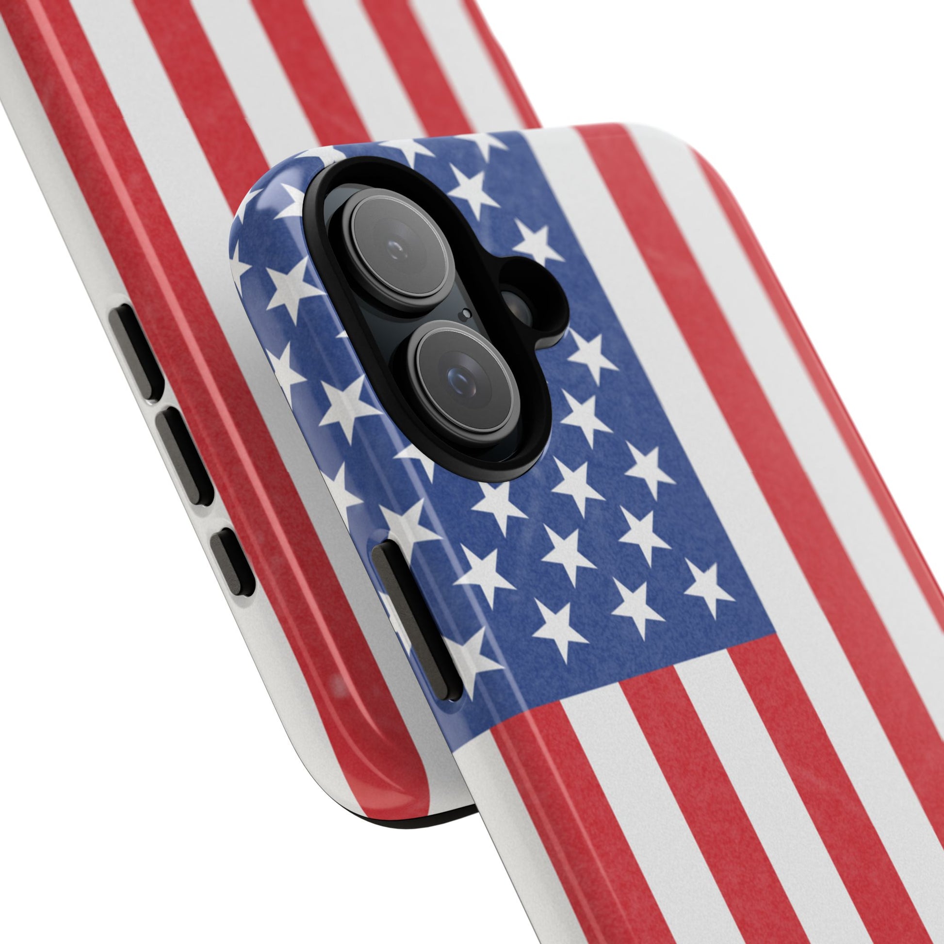 American flag tough phone case for iPhone and Samsung, patriotic protective cover with bold flag design by Printify