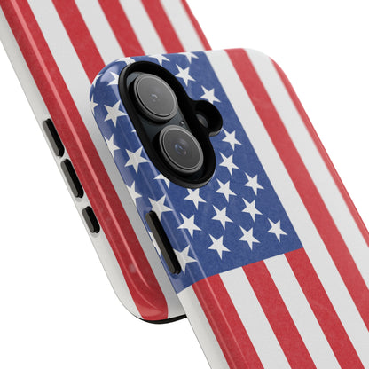 American flag tough phone case for iPhone and Samsung, patriotic protective cover with bold flag design by Printify