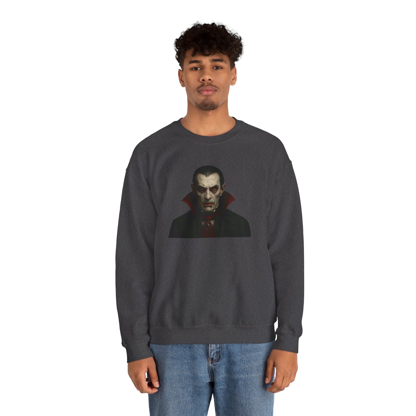 Printify vampire portrait crewneck sweatshirt featuring a detailed vampire design on soft fabric, ideal for casual wear.