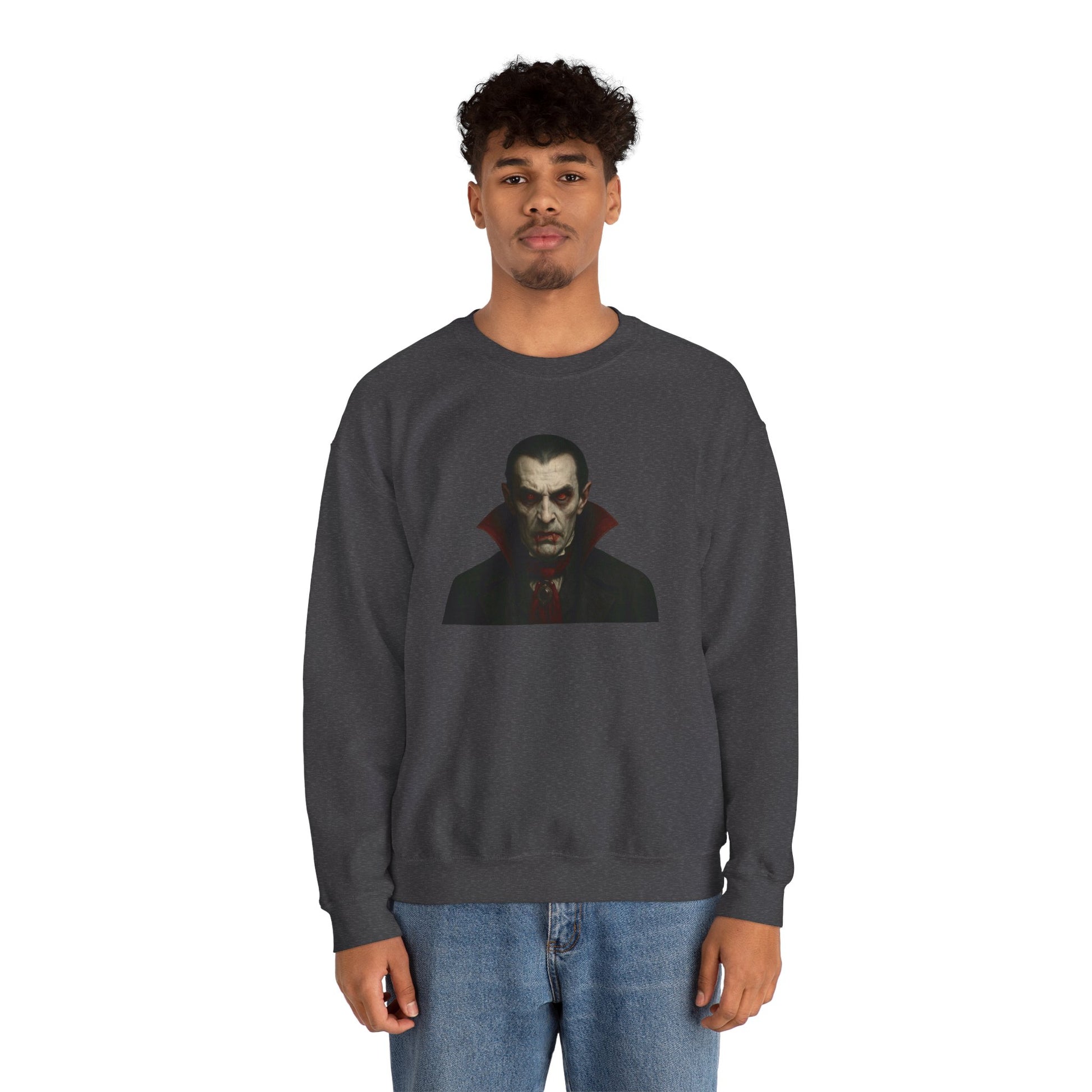 Printify vampire portrait crewneck sweatshirt featuring a detailed vampire design on soft fabric, ideal for casual wear.
