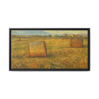 Rustic hayfield landscape print on framed matte canvas wall art by Printify, showcasing a peaceful rural scene.