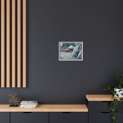 Framed matte canvas of a snowy cabin winter landscape wall art, showcasing a cozy cabin surrounded by snow-covered trees.