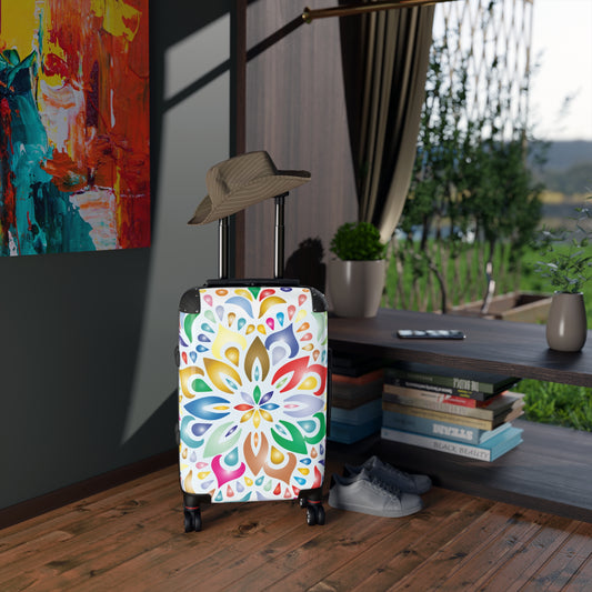 Colorful mandala design on Printify floral carry-on suitcase, vibrant travel luggage with wheels and handle, suitable for easy travel.