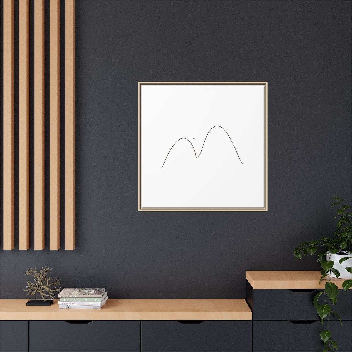 Framed minimalist mountain line art on matte canvas, modern wall decor by Printify, showcasing simple mountain outline artwork.