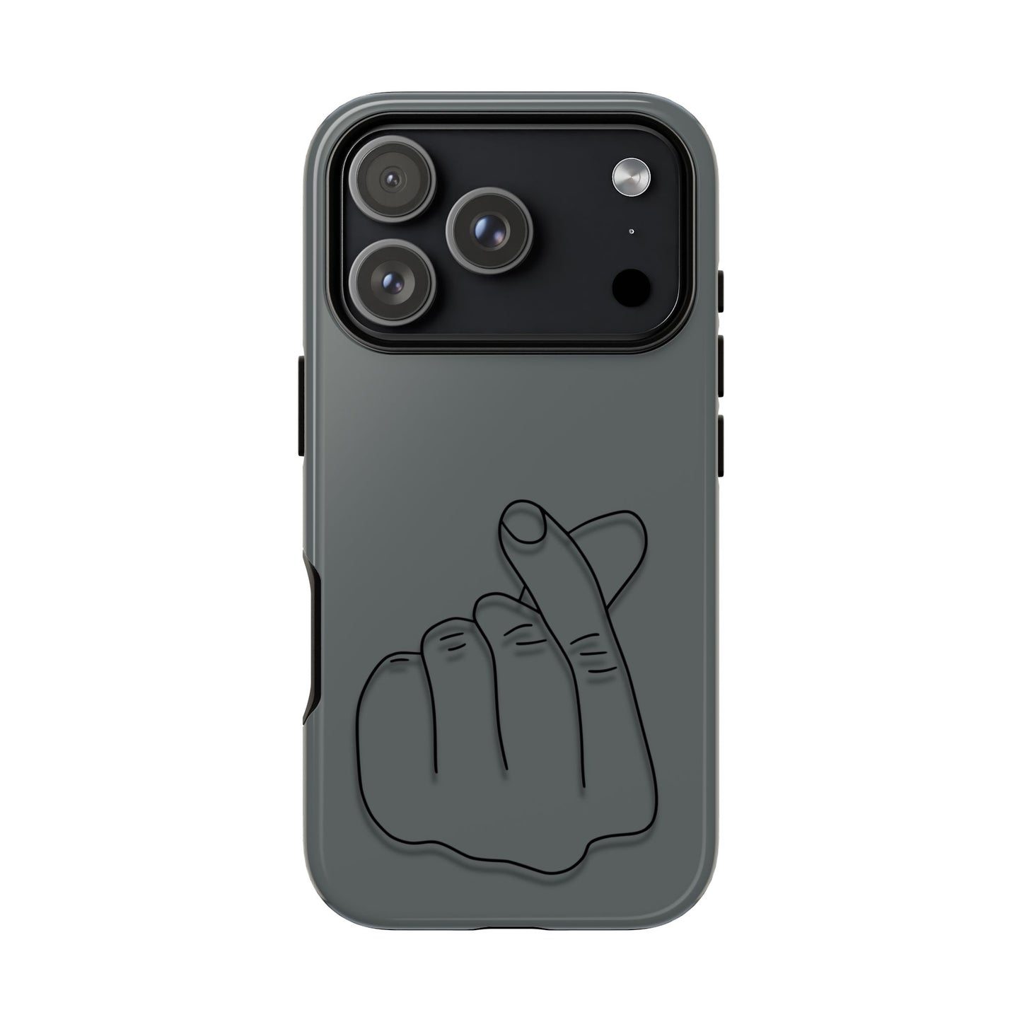 Silicone phone case with embossed Korean finger heart design, compatible with smartphones, by Printify.