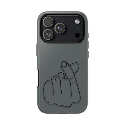 Silicone phone case with embossed Korean finger heart design, compatible with smartphones, by Printify.