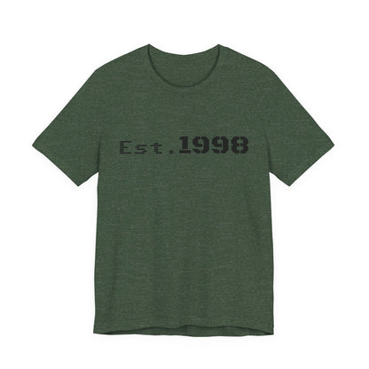 Vintage Est. 1998 T-Shirt by Printify featuring a graphic design celebrating the year of birth.