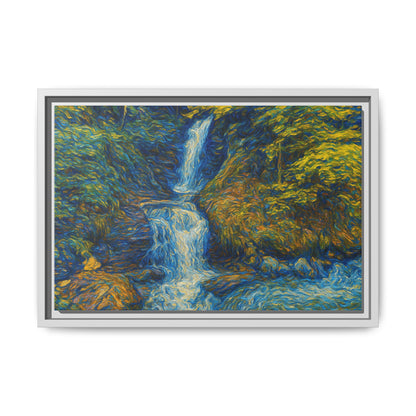 Framed matte canvas print of impressionist waterfall wall art by Printify, showcasing vibrant, artistic waterfall scene on canvas.
