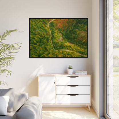 Framed matte canvas wall art featuring a colorful aerial forest path landscape, perfect for nature-inspired home decor.