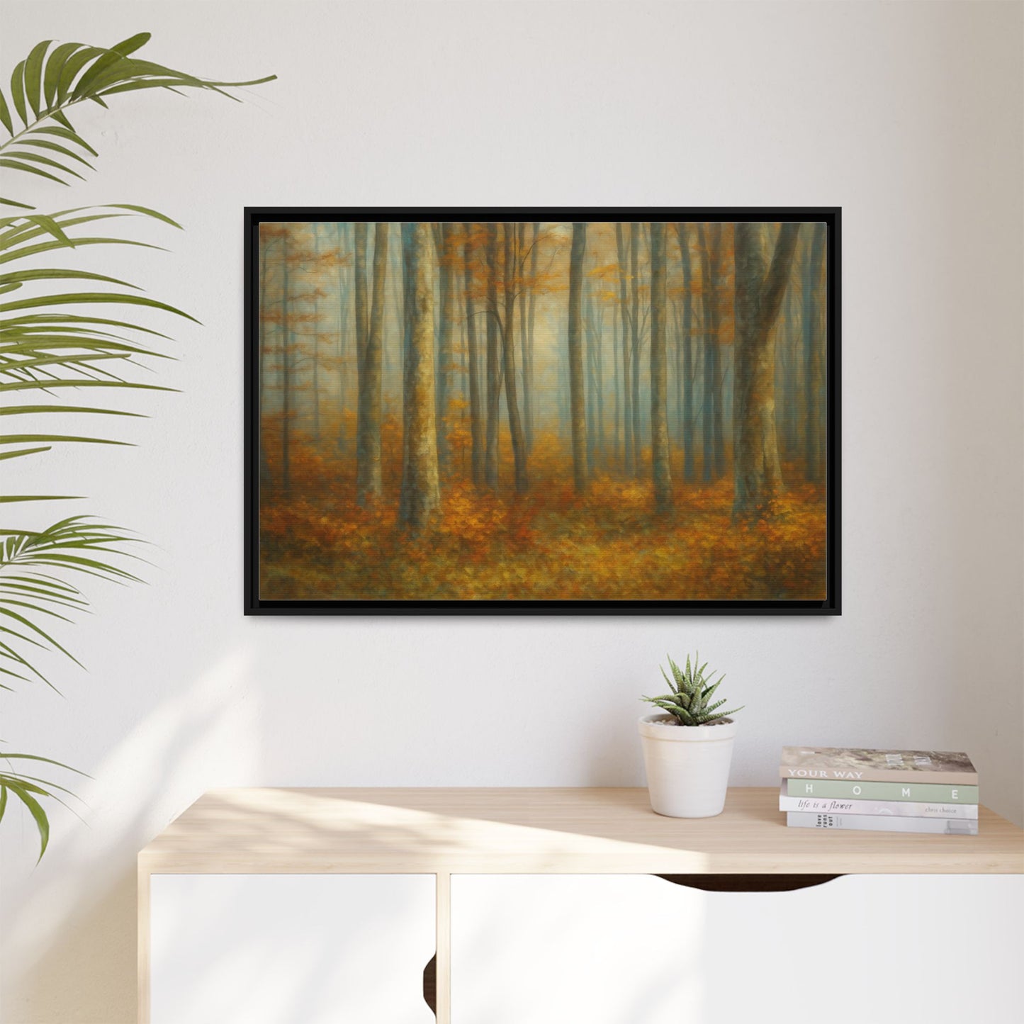 Framed autumn forest canvas print featuring a misty woodland scene, wall art from Printify for nature-inspired home decor.