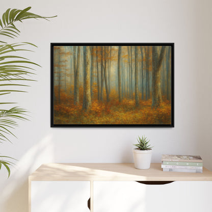 Framed autumn forest canvas print featuring a misty woodland scene, wall art from Printify for nature-inspired home decor.