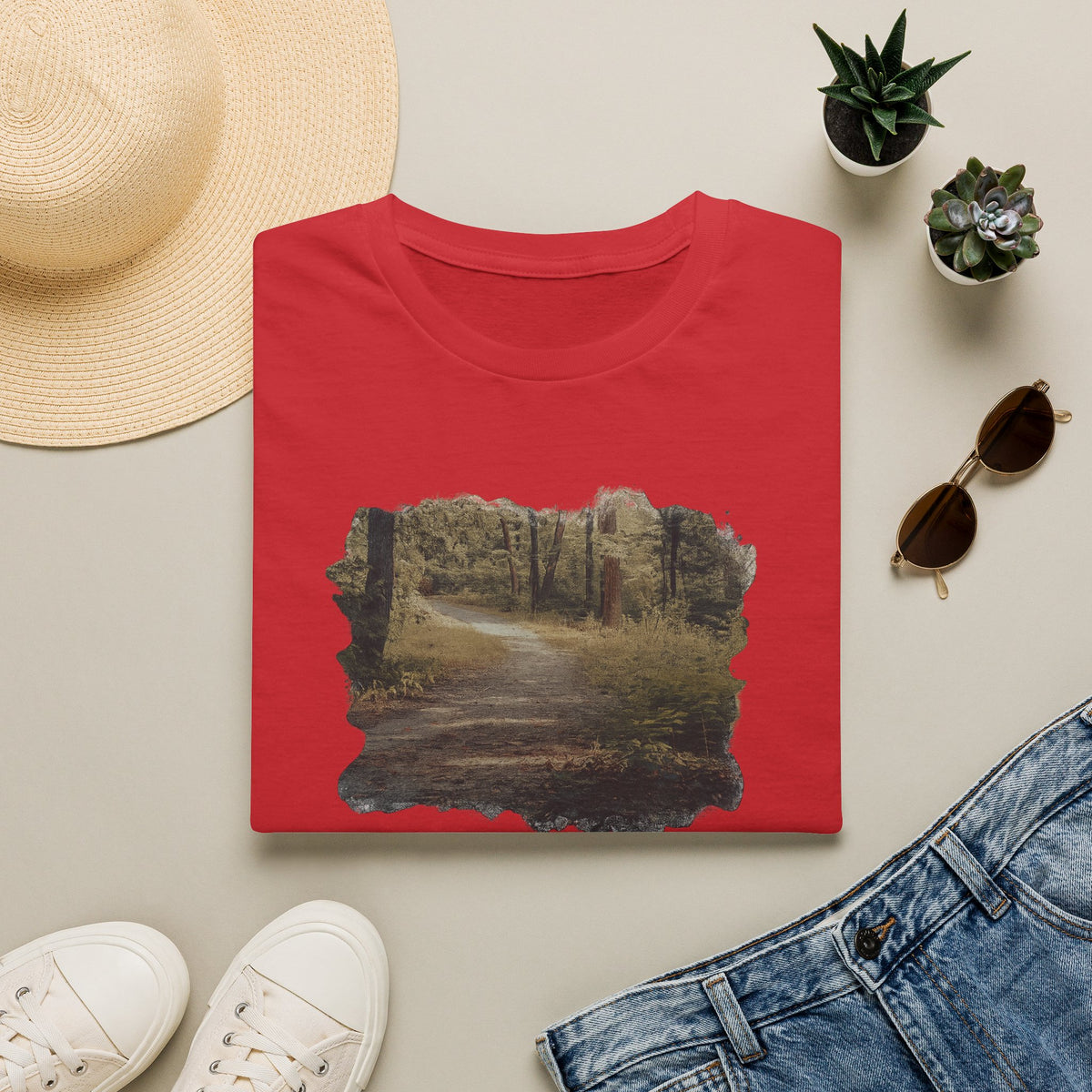 Vintage forest landscape T-shirt by Printify featuring a nature pathway design on a casual cotton tee.