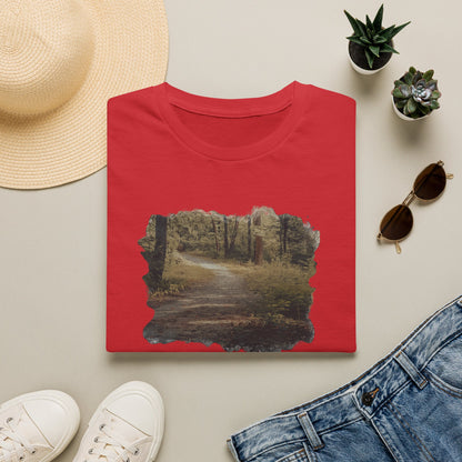 Vintage forest landscape T-shirt by Printify featuring a nature pathway design on a casual cotton tee.
