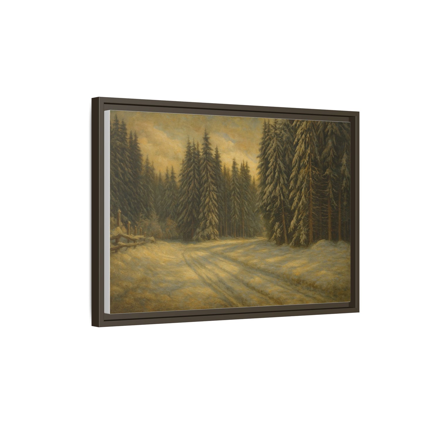 Framed matte canvas wall art featuring a winter forest landscape, showcasing snow-covered trees and a serene woodland scene.