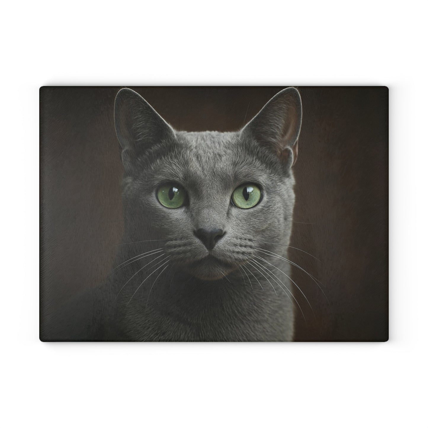 Russian Blue Cat Glass Cutting Board — Decorative Kitchen Cutting Board with Green-Eyed Cat Portrait
