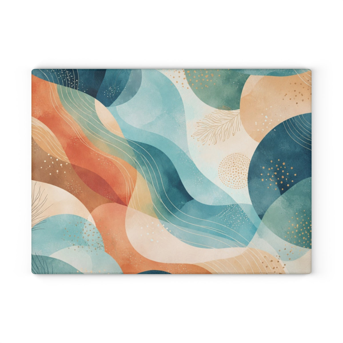 Abstract Ocean Waves Glass Cutting Board — Coastal Blue & Coral Decorative Chopping Board