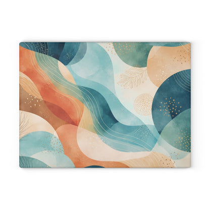 Abstract Ocean Waves Glass Cutting Board — Coastal Blue & Coral Decorative Chopping Board