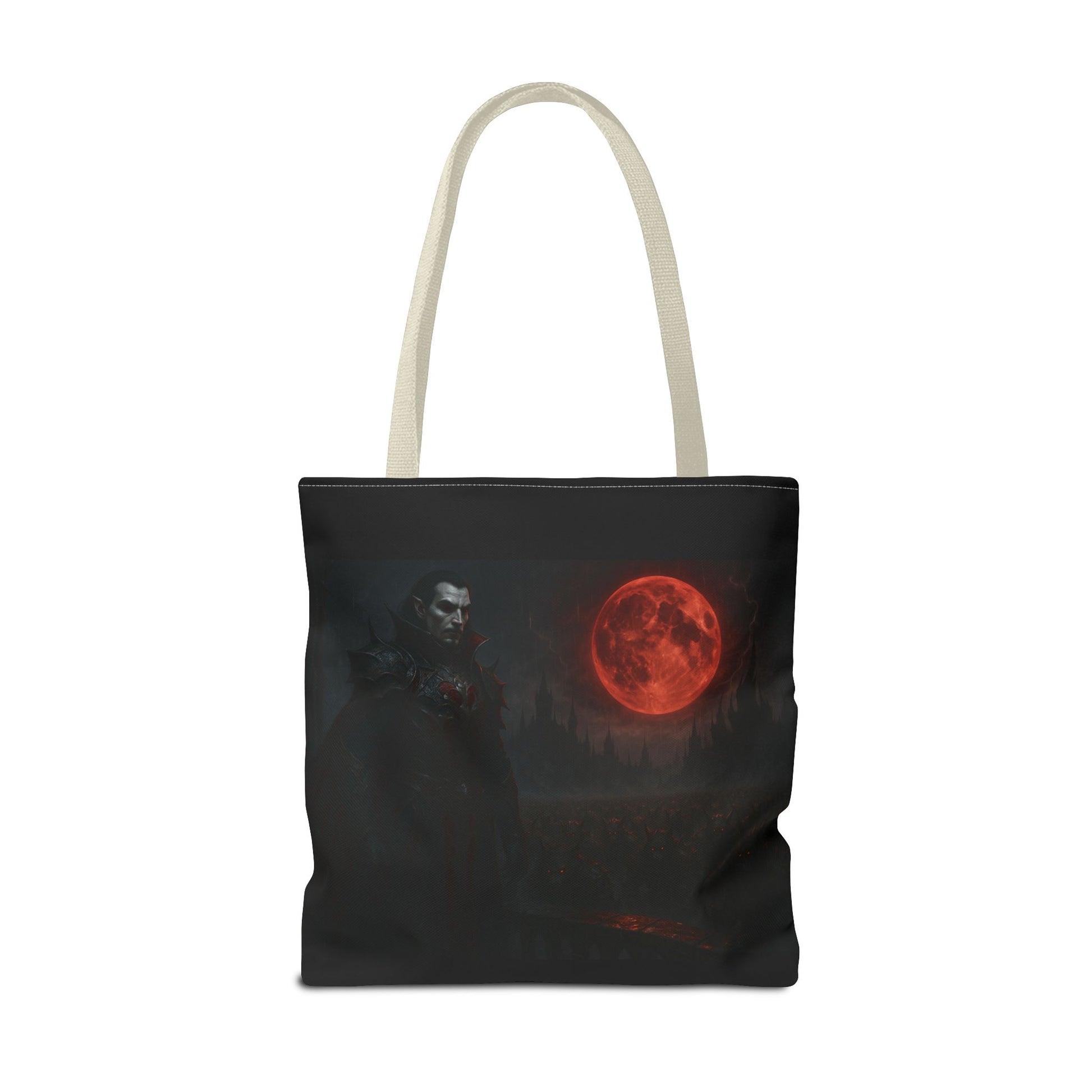 Gothic Dracula tote bag with moonlit vampire art, black fabric, sturdy handles, perfect for Halloween or gothic style fashion.