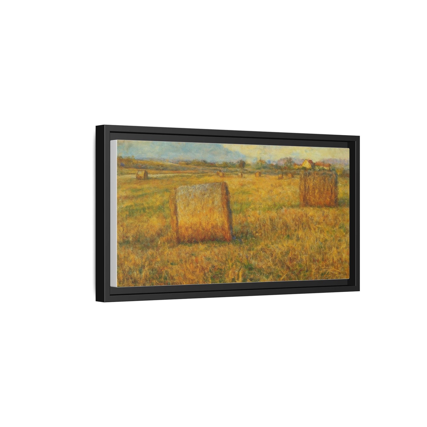Rustic hayfield landscape print on framed matte canvas wall art by Printify, featuring a serene rural scene.