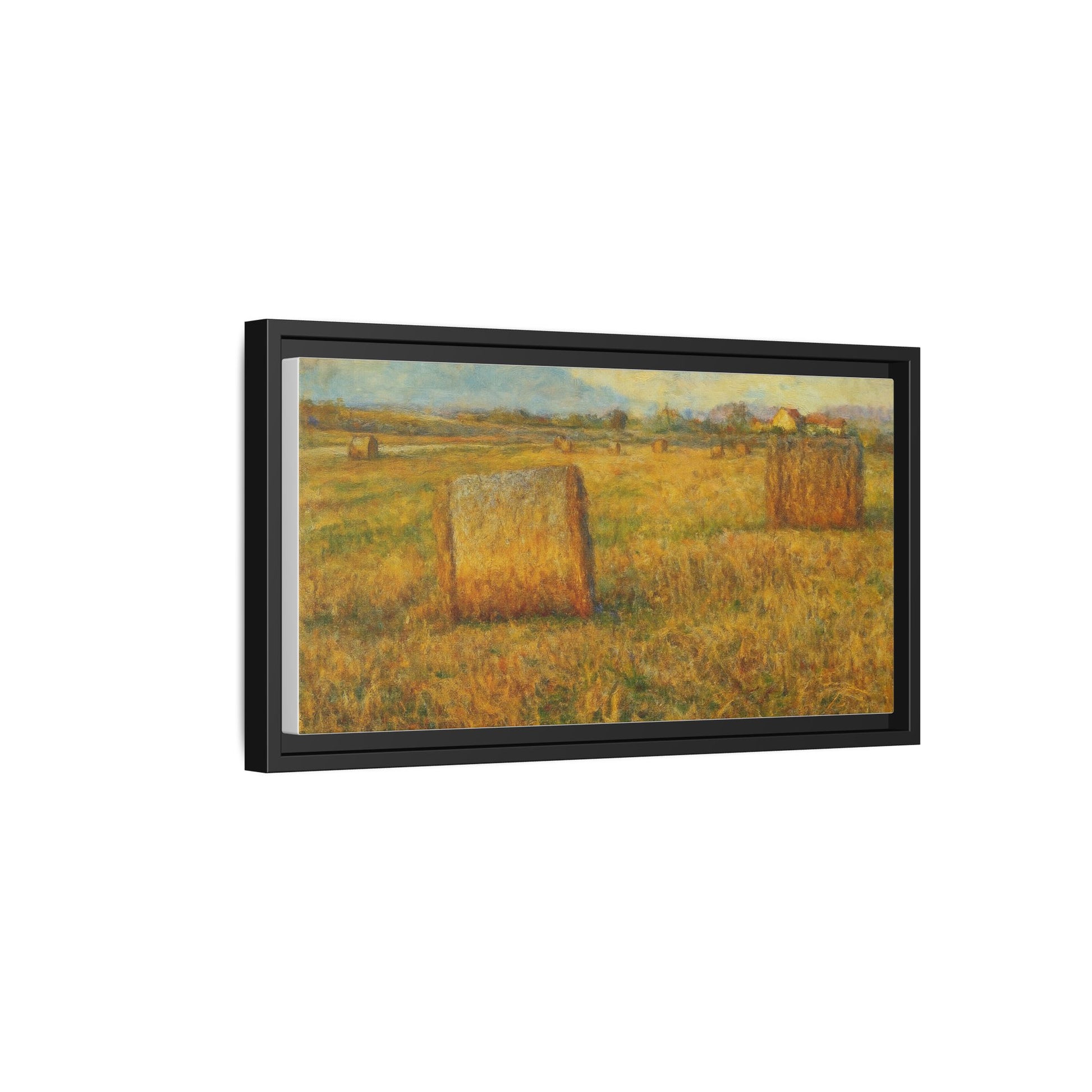Rustic hayfield landscape print on framed matte canvas wall art by Printify, featuring a serene rural scene.
