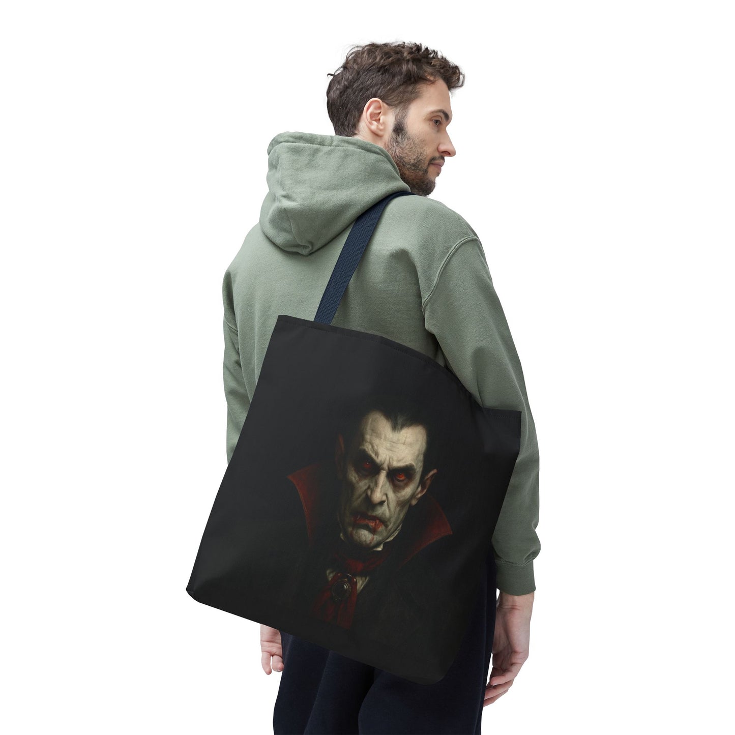 Black vampire tote bag with spooky gothic Halloween design, made by Printify, featuring a dark, eerie vampire illustration on the bag.