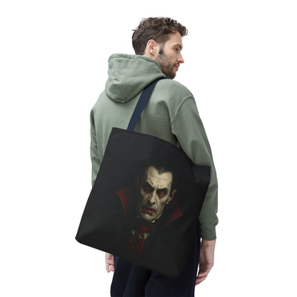 Black vampire tote bag with spooky gothic Halloween design, made by Printify, featuring a dark, eerie vampire illustration on the bag.
