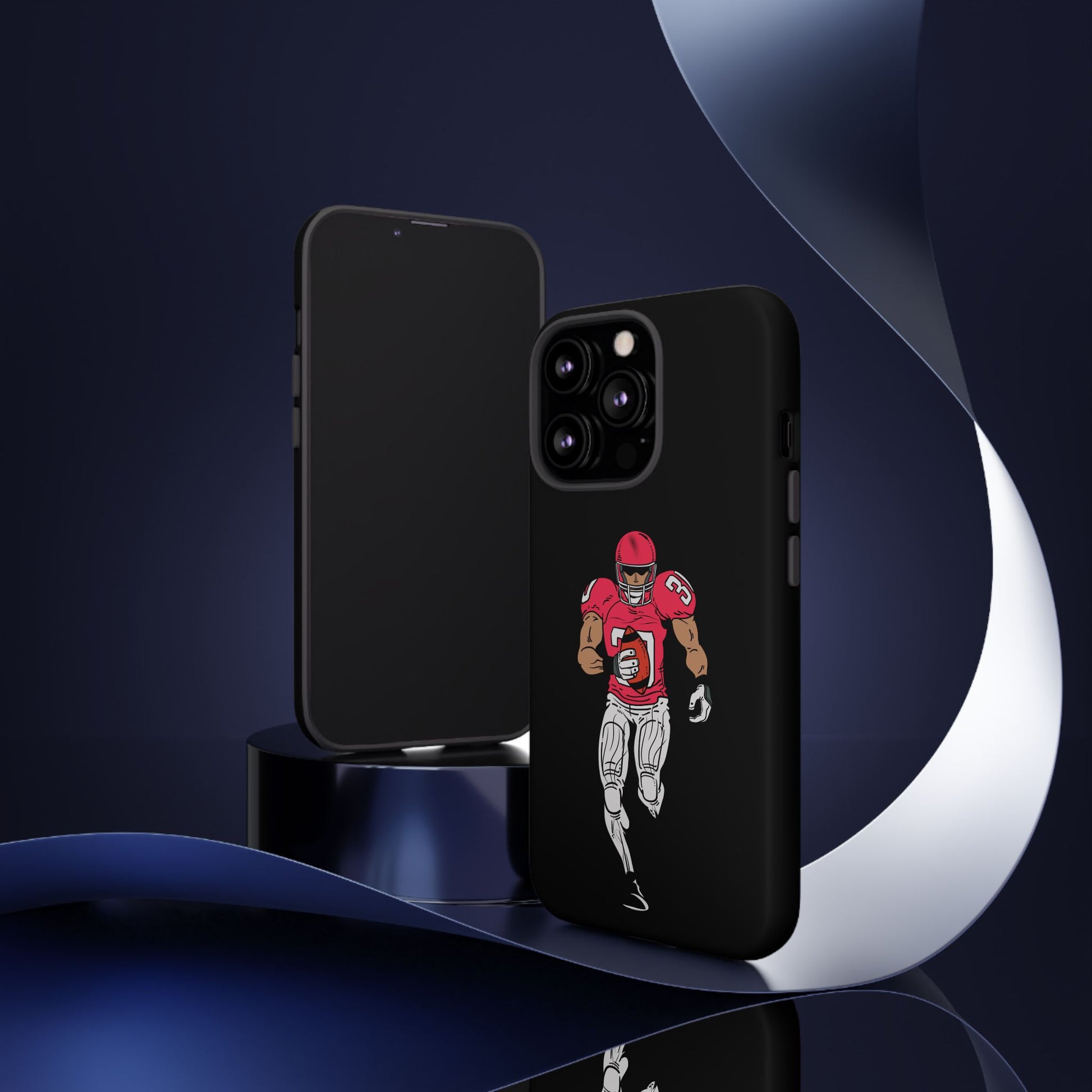 Black football player tough phone case for iPhone, protective sports-themed case by Printify featuring a dynamic athlete design.