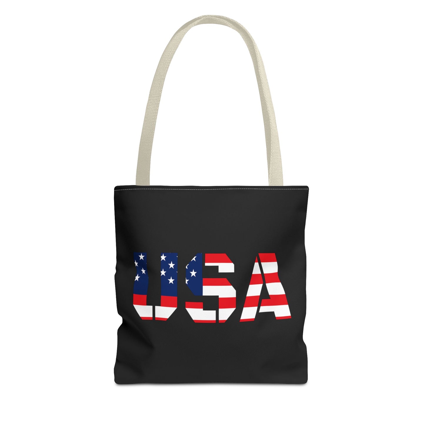Patriotic USA flag tote bag by Printify, reusable summer carryall with stars and stripes for 4th of July celebrations.