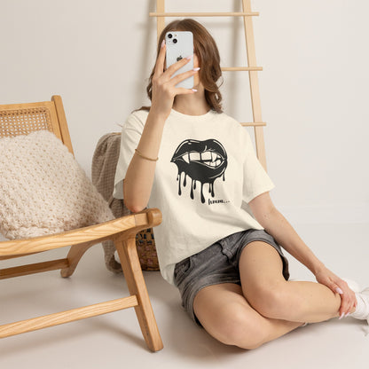 Black graphic t-shirt with dripping lips and "hmm..." bite design, featuring bold print by Printify.
