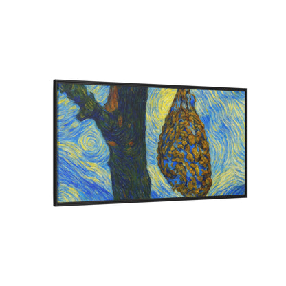Framed matte canvas art of a starry nut cluster in a dried plum tree, created by Printify, showcasing detailed nature-inspired artwork.