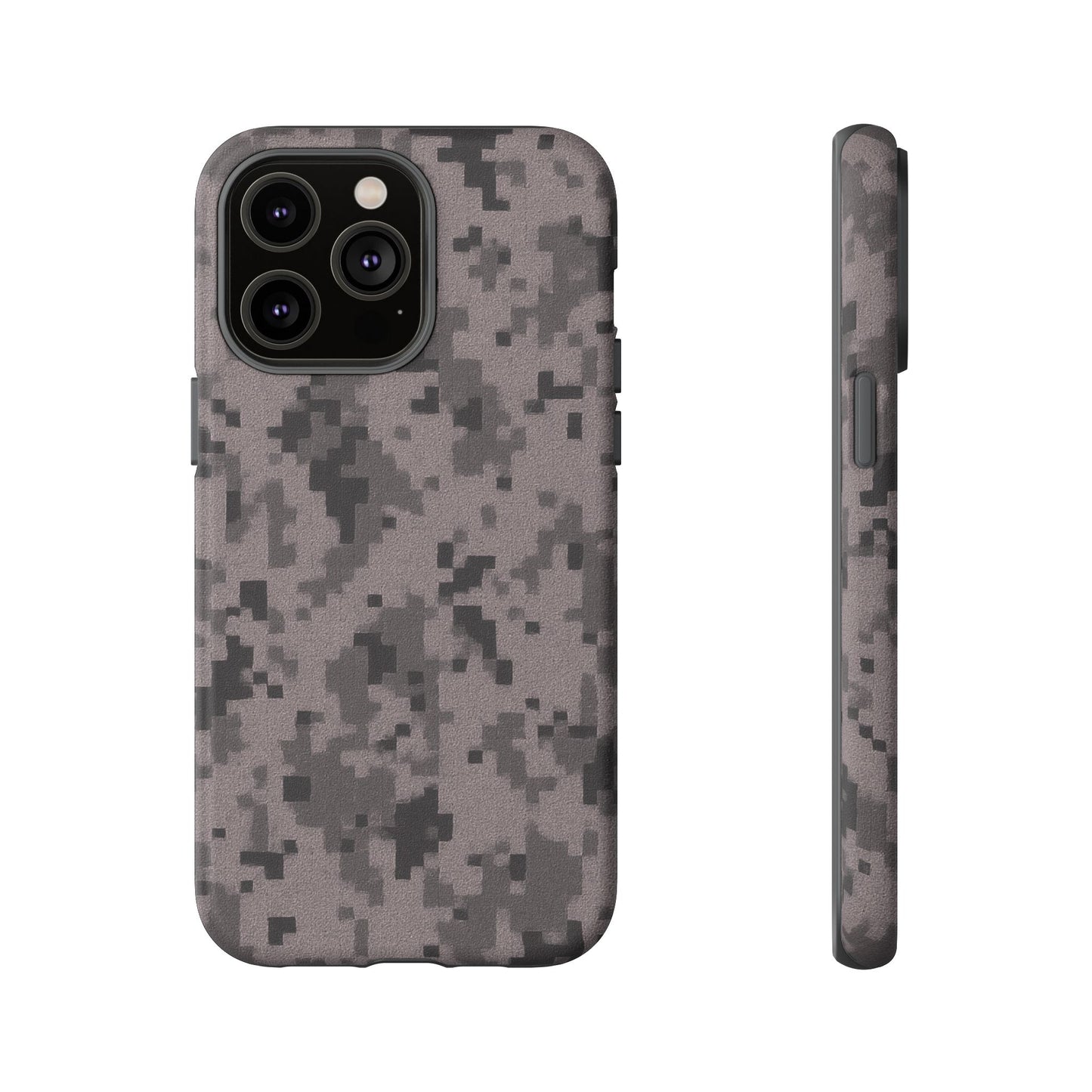 Gray digital camouflage phone case from Printify, tough protective cover for smartphones with a rugged camouflage pattern.