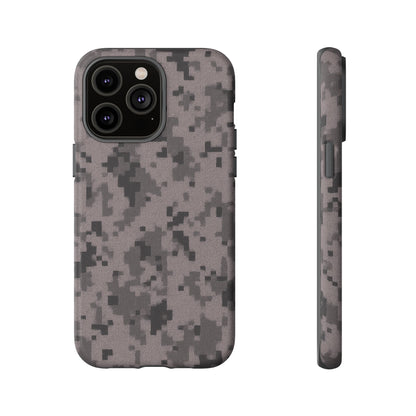 Gray digital camouflage phone case from Printify, tough protective cover for smartphones with a rugged camouflage pattern.