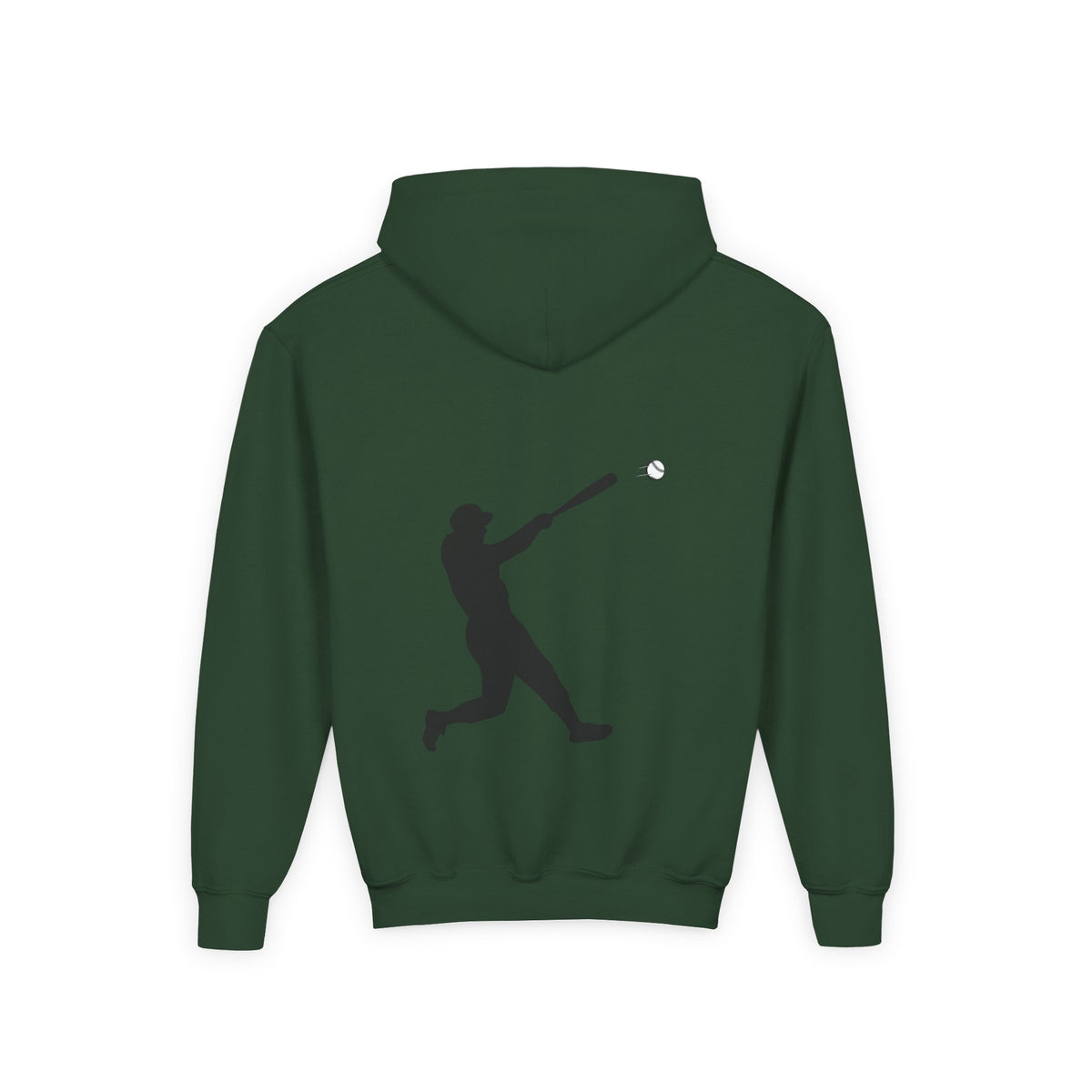 Youth baseball silhouette hoodie for kids, featuring a baseball player graphic on a comfortable pullover sweatshirt.