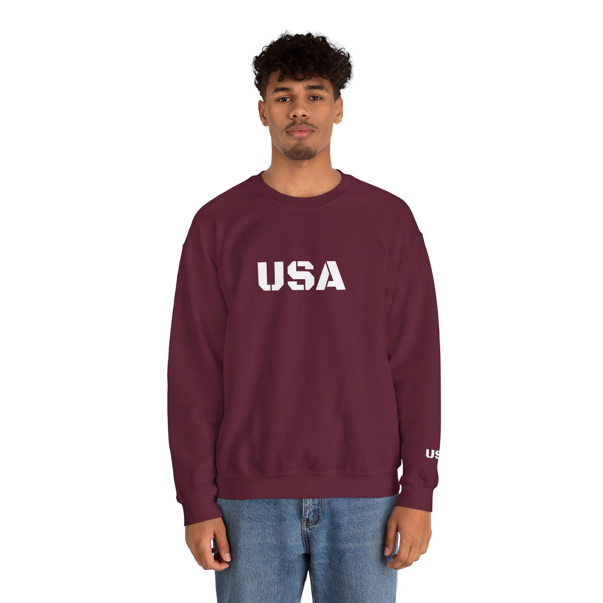USA crewneck sweatshirt by Printify, featuring a patriotic design, cozy fit, suitable for all seasons, displayed on a flat lay.
