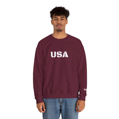 USA crewneck sweatshirt by Printify, featuring a patriotic design, cozy fit, suitable for all seasons, displayed on a flat lay.