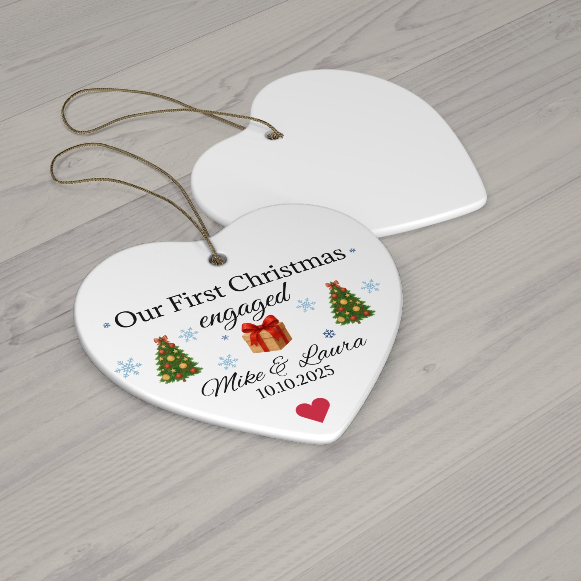 Personalized first Christmas engaged heart ornament with names and date on a decorative holiday ornament.