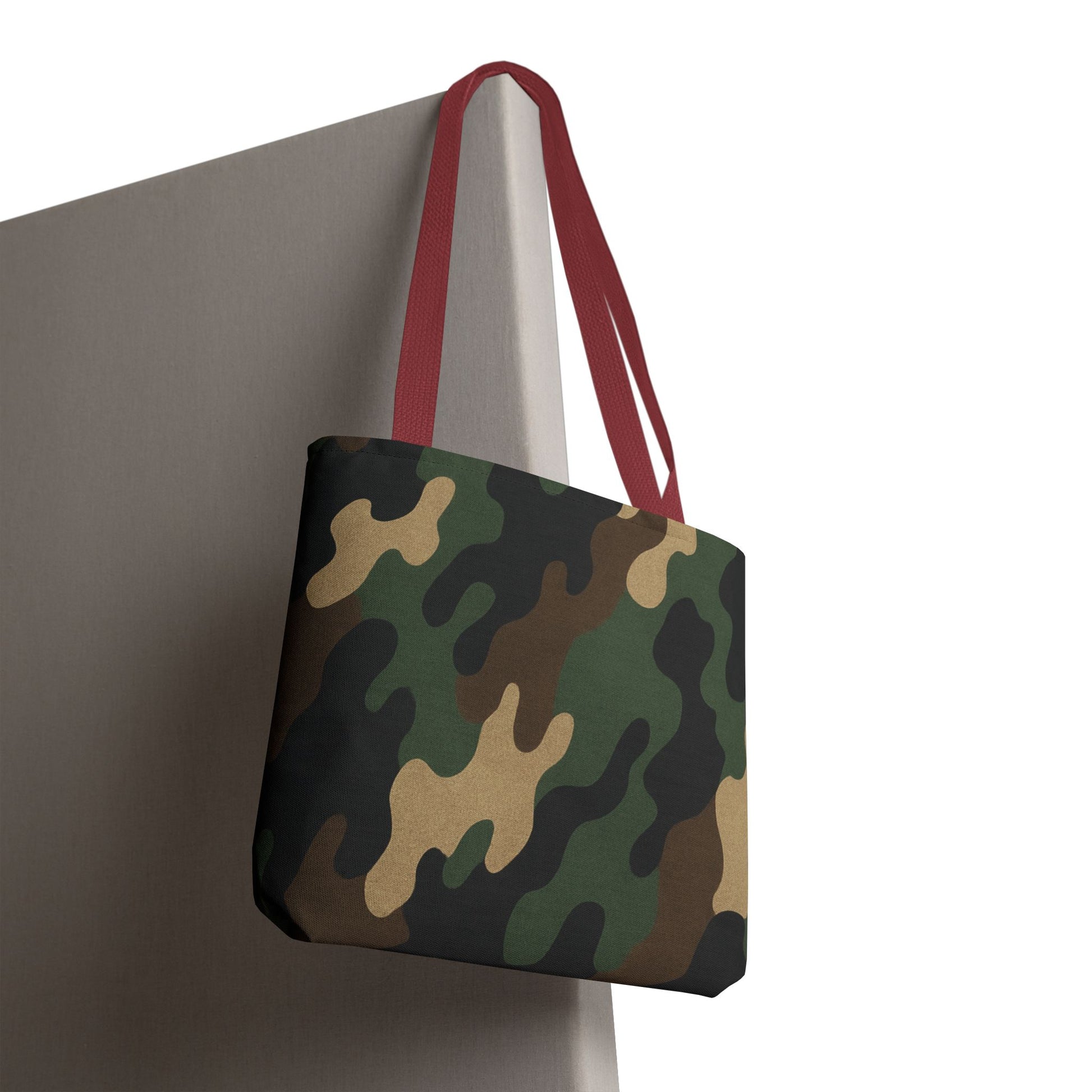 Canvas tote bag with all-over camouflage print, designed by Printify, featuring sturdy handles and spacious interior for everyday use.