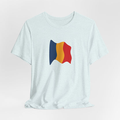 Romania flag T-shirt by Printify featuring a minimal waving tricolor design, casual short-sleeve tee on a white background.