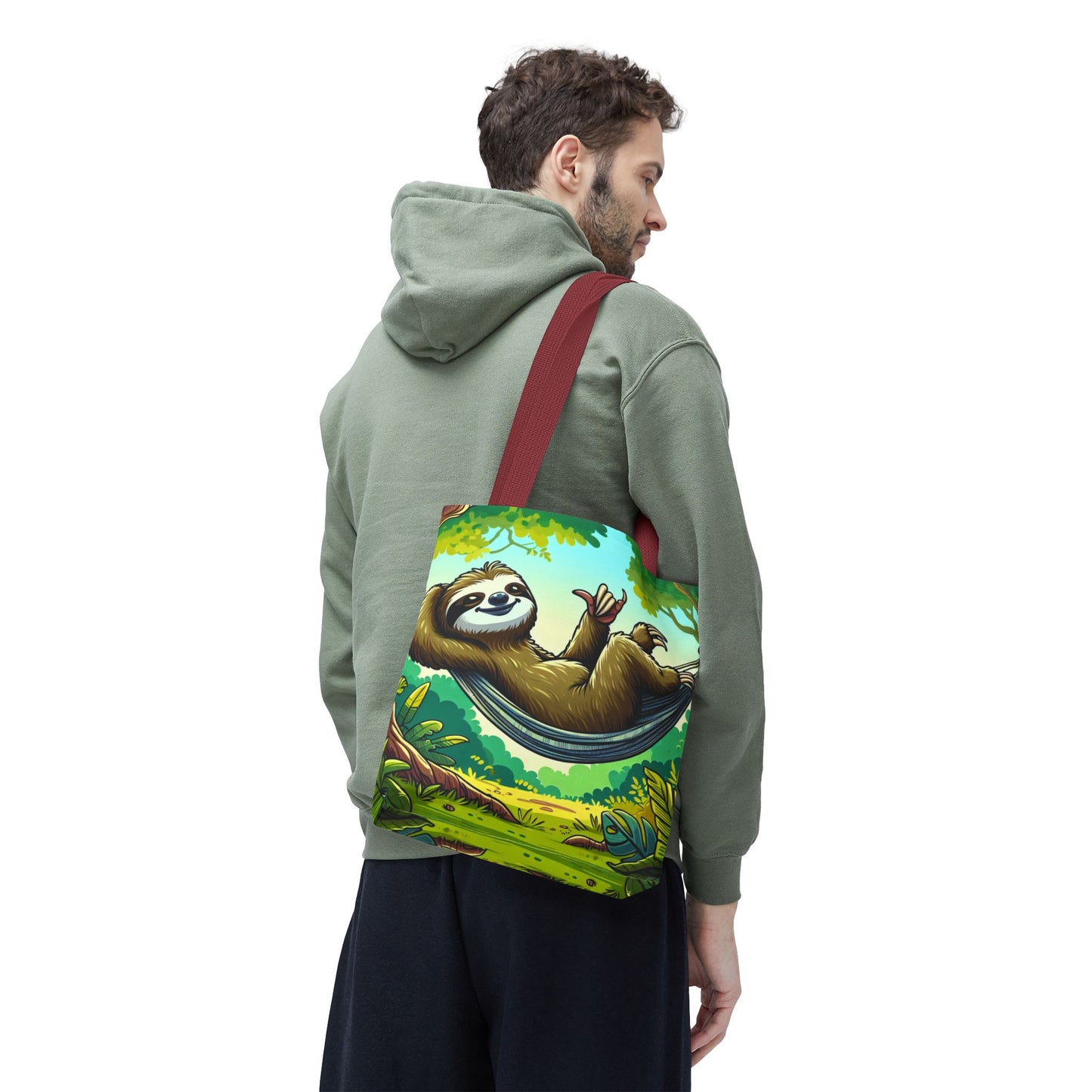 Eco-friendly sloth tote bag by Printify featuring a cute sloth illustration, perfect for animal lovers and casual outings.