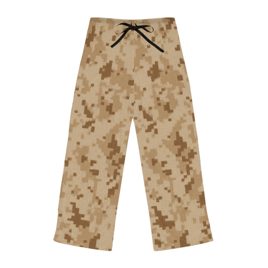 Desert camouflage women's pajama pants with all-over digital camo print, cozy loungewear by Printify.