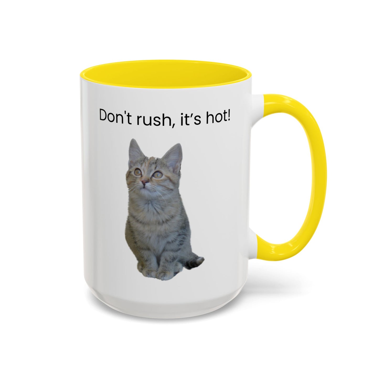 Cat Coffee Mug - "Don't rush, it's hot!" Accent Ceramic Mug (11/15 oz)