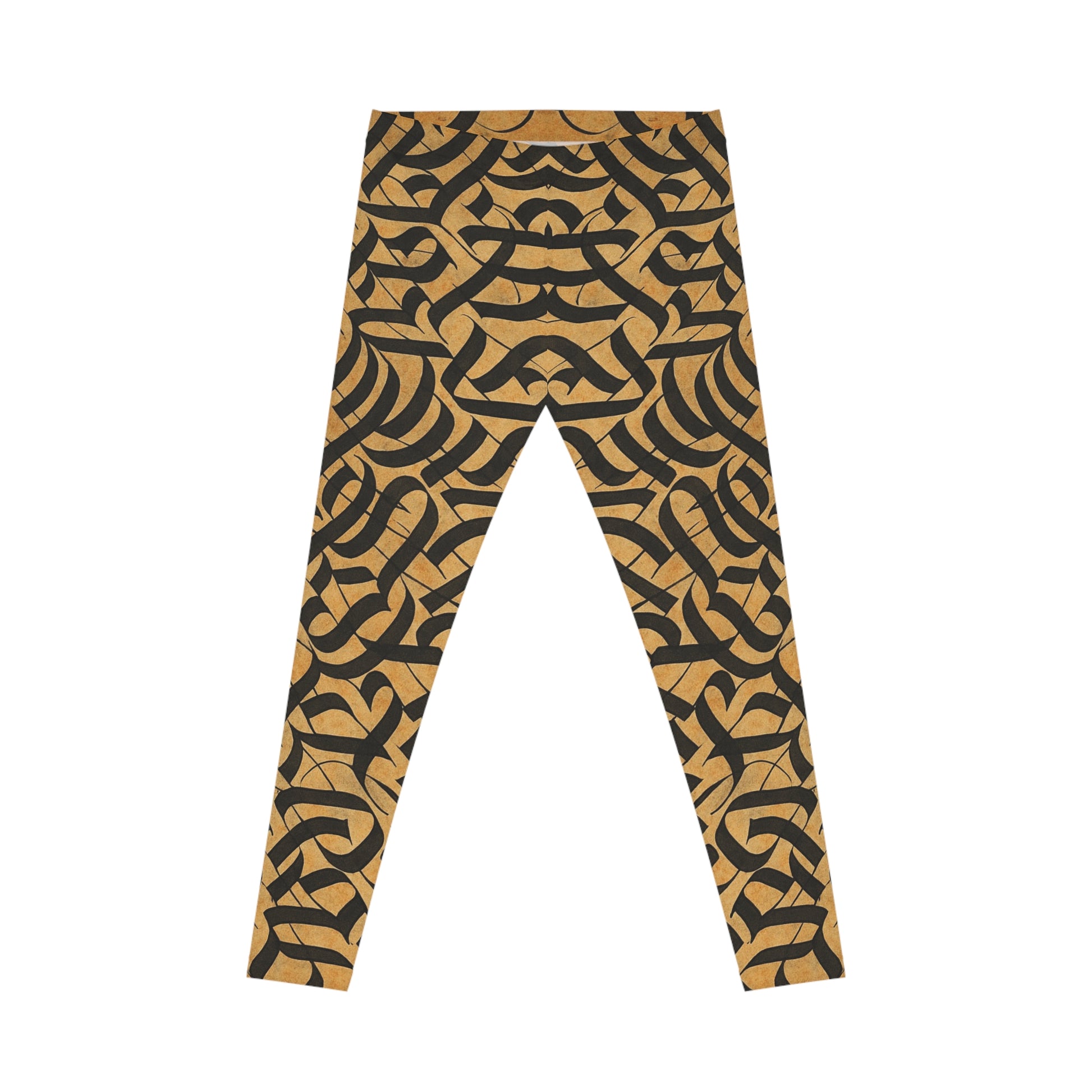 Black and gold tribal knotwork print women's leggings featuring an all-over intricate pattern from Printify.