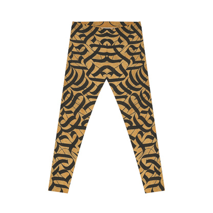 Black and gold tribal knotwork print women's leggings featuring an all-over intricate pattern from Printify.