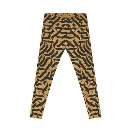 Black and gold tribal knotwork print women's leggings featuring an all-over intricate pattern from Printify.