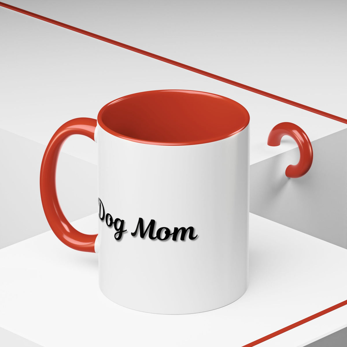 Dog Mom Accent Coffee Mug — white ceramic coffee mug with retro script "Dog Mom" print, colored interior and C-handle, 11oz/15oz, handle and interior color detail